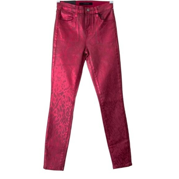 J Brand Jeans Women Size 23 Red Alana Skinny Crop Coated Animal Print - Picture 1 of 12
